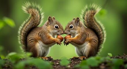 Obraz premium Adorable Red Squirrels Sharing Hazelnuts in a Lush Green Forest Setting