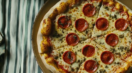 Pepperoni pizza with herbs and olives, placed on a vintage striped tablecloth.