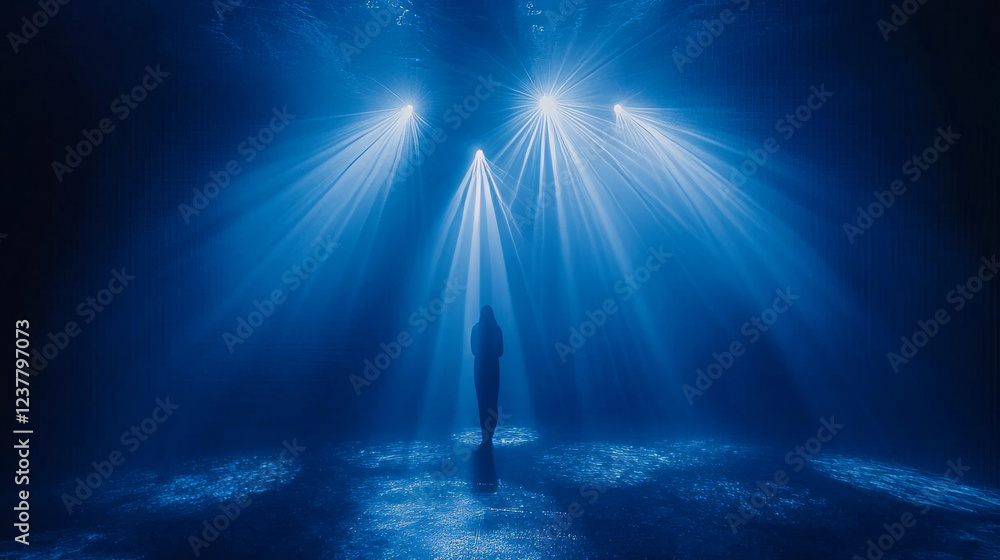 Aufkleber dark empty scene with rays and spotlights. night abstract blue background with warm light. neon ligh