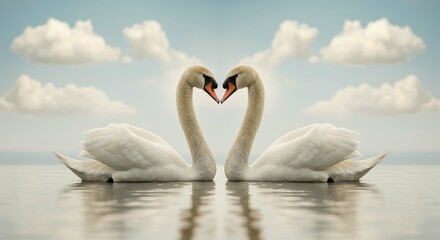 Obraz premium Two Swans Forming Heart Shape on Calm Water Romantic Nature Scene Peaceful Wildlife