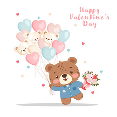 Illustration of teddy bear wearing a light blue shirt. The bear is holding a bouquet of flowers tied with a pink ribbon in one hand and a bunch of pastel-colored balloons in the other. The balloons