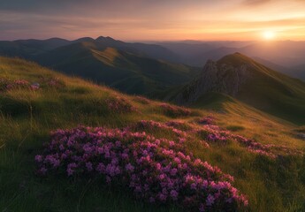 Vibrant sunset over rolling hills, blooming wildflowers.