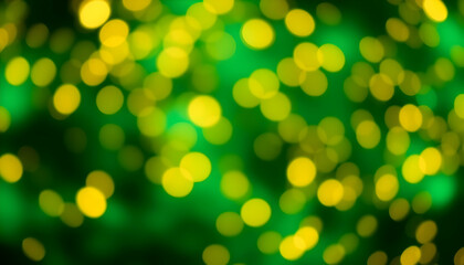 Obraz premium Abstract bokeh, green and yellow lights, blurred circular patterns, festive background, nature-inspired illumination, soft focus photography, ethereal glow, vibrant colors, magical atmosphere, lens fl