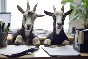 Goats as financial advisors sharing investment strategies in a relaxed office setting