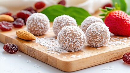 Coconut bliss balls with almonds and strawberries on wooden board