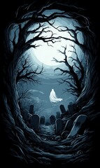 Eerie Ghost in Moonlit Graveyard  Spooky Halloween Illustration