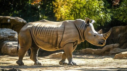 Fototapeta premium Side profile of a rhinoceros, highlighting its horn and rough skin texture.