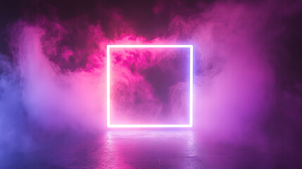 Obraz premium 3d render, abstract background, square portal, neon lights, virtual reality, glowing lines, pink blue, ultraviolet spectrum, laser show, smoke, fog, terrain, ground