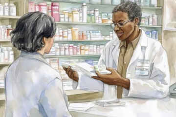 Engaging interaction in a pharmacy between a dedicated pharmacist and a curious customer seeking advice on medications