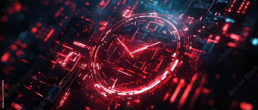Poster a futuristic digital clock design with glowing red and blue elements in a tech-inspired environment.