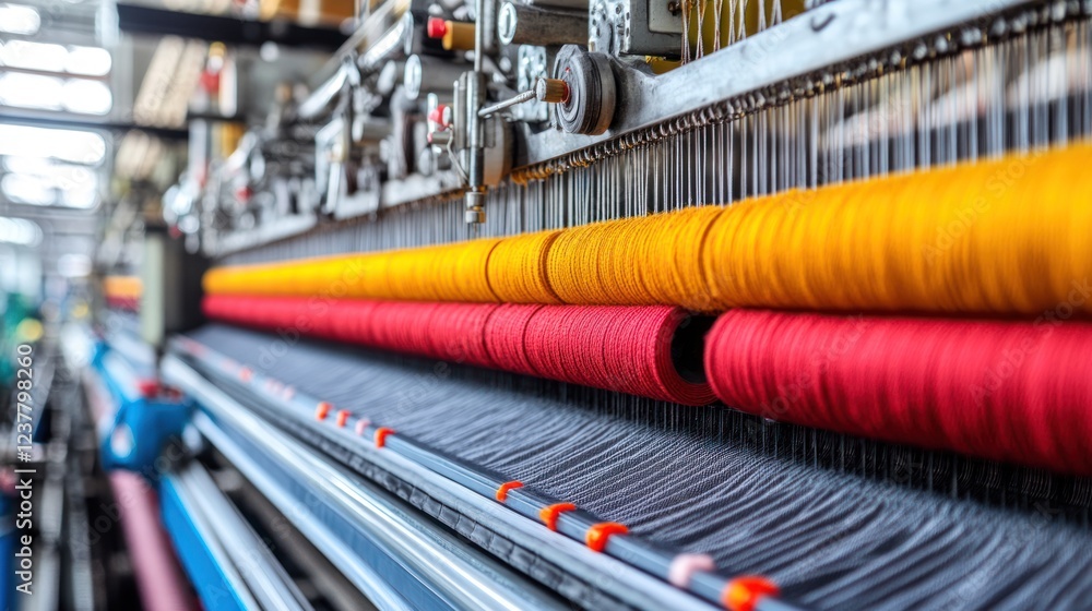 Aufkleber close-up of colorful threads on a textile weaving machine in an industrial setting.