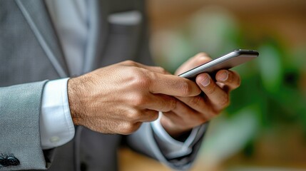 Close-up of Businessman Using Smartphone: Modern Corporate Communication and Networking