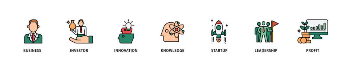 Enterpreneur icon set flow process which consists of business, investor, innovation, knowledge, startup, leadership and profit icon live stroke and easy to edit .