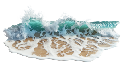 Turquoise ocean wave breaking on sandy beach with transparent background