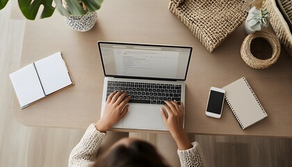 Woman Working on Laptop at Home Desk