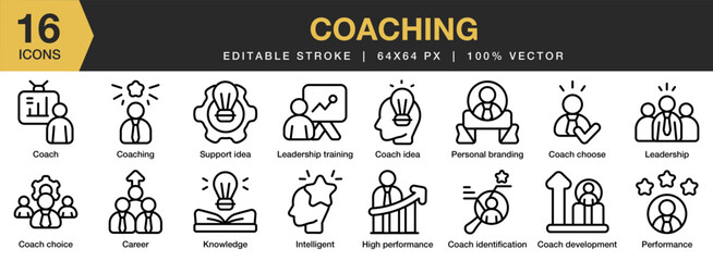 Coaching icon set. Editable Stroke Icon Collection. Includes coach, training, motivation, person, learning, and More. Outline icons vector collection.