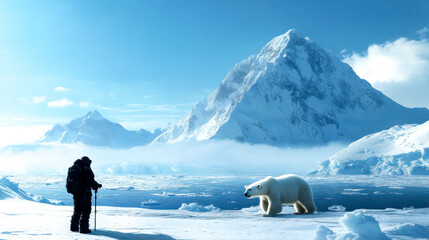 A lone hiker encounters a polar bear against a backdrop of icy mountains and serene blue skies.