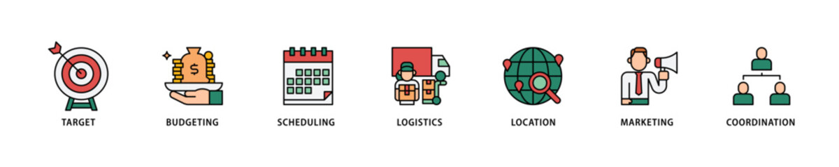 Event management icon set flow process which consists of target, budgeting, scheduling, logistics, location, marketing, and coordination icon live stroke and easy to edit .