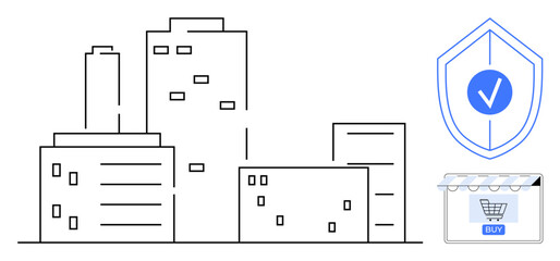 Skyscrapers and office buildings emphasize urban life while shield icon and shop symbol underscore safety and ecommerce. Ideal for urban development, online shopping, cybersecurity, safety protocols