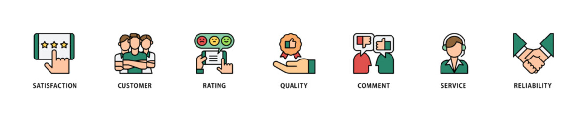 Feedback icon set flow process which consists of satisfaction, customer, rating, quality, comment, service and reliability icon live stroke and easy to edit .