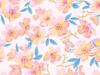 A seamless pattern of abstract cherry blossoms. Hand-painted cherry blossom wallpaper for spring.