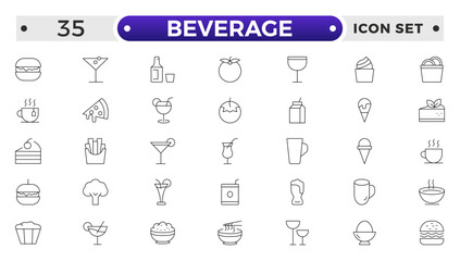 Soft Drinks and Beverage Outline Icon Pack. Contains Icons of Beer, Cocktail, Bottle that Can Be Used for Design of Cards, Posts, Apps, Web Sites.