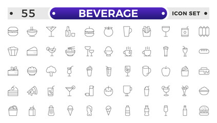 Soft Drinks and Beverage Outline Icon Pack. Contains Icons of Beer, Cocktail, Bottle that Can Be Used for Design of Cards, Posts, Apps, Web Sites.