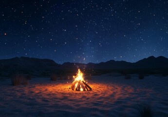 Campfire burning brightly under a starlit night sky in a desert landscape.
