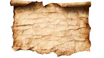 Old paper scroll showing ancient script on transparent background