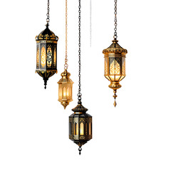 Eid and Ramadan lantern yellow lamp or moon stars mosque design isolated on transparent background
