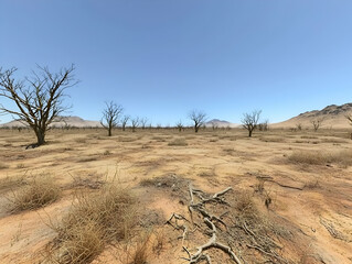 Fototapeta premium Dry desert landscape, dead trees, mountains. Climate change impact visuals