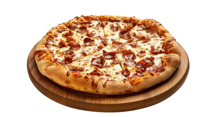 Delicious pepperoni pizza resting on wooden board with transparent background