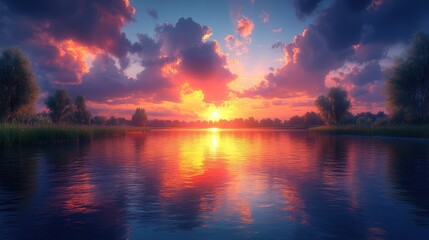 Serene sunset over a tranquil river, reflecting vibrant colors and clouds, surrounded by lush greenery