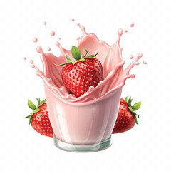 realistic 3d milk or yogurt splash with strawberries isolated on white background