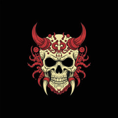 Ornate Skull with Red Horns A Dark, Artistic Illustration