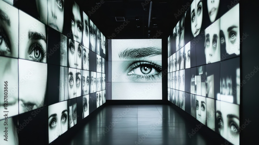 Poster a corridor lined with screens displaying various faces, emphasizing human emotion and connection.