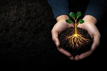 A pair of hands gently cradling rich soil with a small green plant emerging, symbolizing growth and nurturing in a dark background.