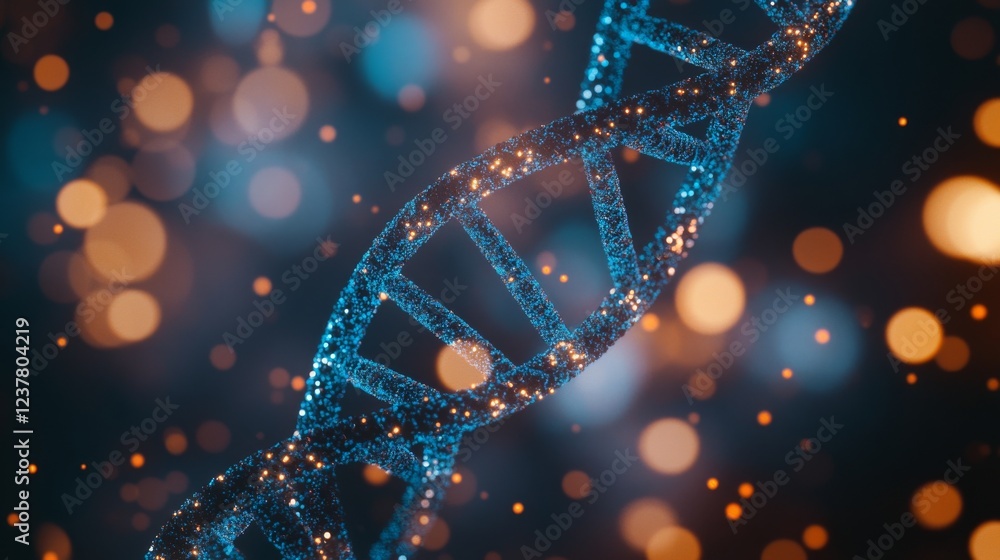 Poster close-up view of shimmering blue dna double helix structure with intricate details against a blurred