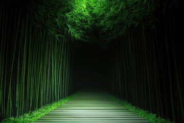 A serene bamboo forest path with tall green trees and a dimly lit walkway, creating a sense of tranquility and nature's beauty.