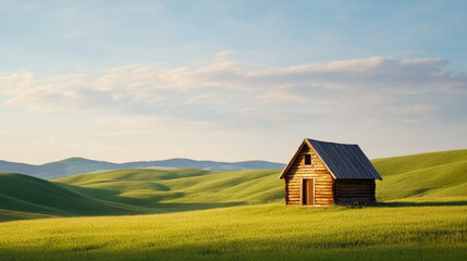 Obraz premium Rustic wooden house nestled amid vibrant green rolling hills in a peaceful rural landscape, bathed in warm sunlight with a clear, soft blue sky above.