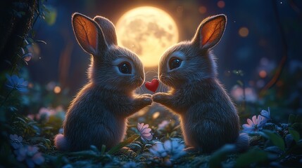 A pair of enchanted rabbits exchanging heart-shaped flowers under a glowing moon
