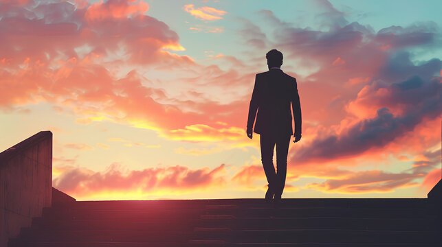 Silhouette of a businessman walking up the stairs against a sunset sky background, a concept depicting a business person climbing to success or growth. - Powered by Adobe