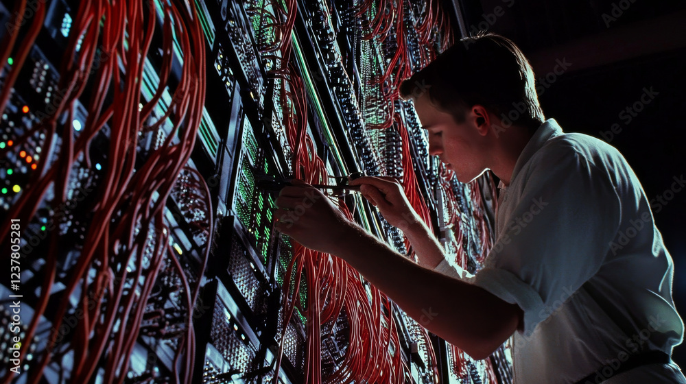 Poster male network administrator inserts cables into the server rack working with internet equipment in se