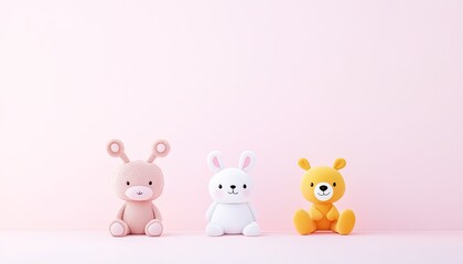 Obraz premium Three colorful, cute plush toys arranged on a soft pink background, ideal for children's decor or gifts