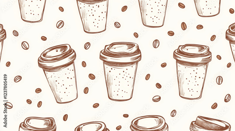 Poster seamless pattern with brown steaming cups of coffee in sketch style for fast food or cafe design
