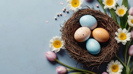 Happy Easter concept with easter eggs in nest and spring flowers.
