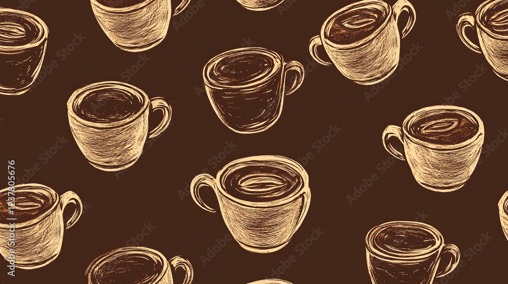 Poster seamless pattern with brown steaming cups of coffee in sketch style for fast food or cafe design
