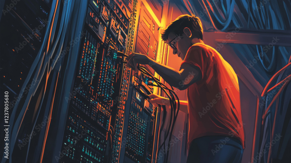 Poster male network administrator inserts cables into the server rack working with internet equipment in se