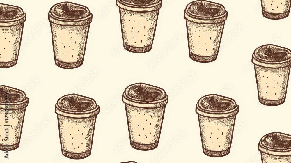 Poster seamless pattern with brown steaming cups of coffee in sketch style for fast food or cafe design