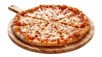 Delicious pizza with melted mozzarella on wooden board with transparent background
